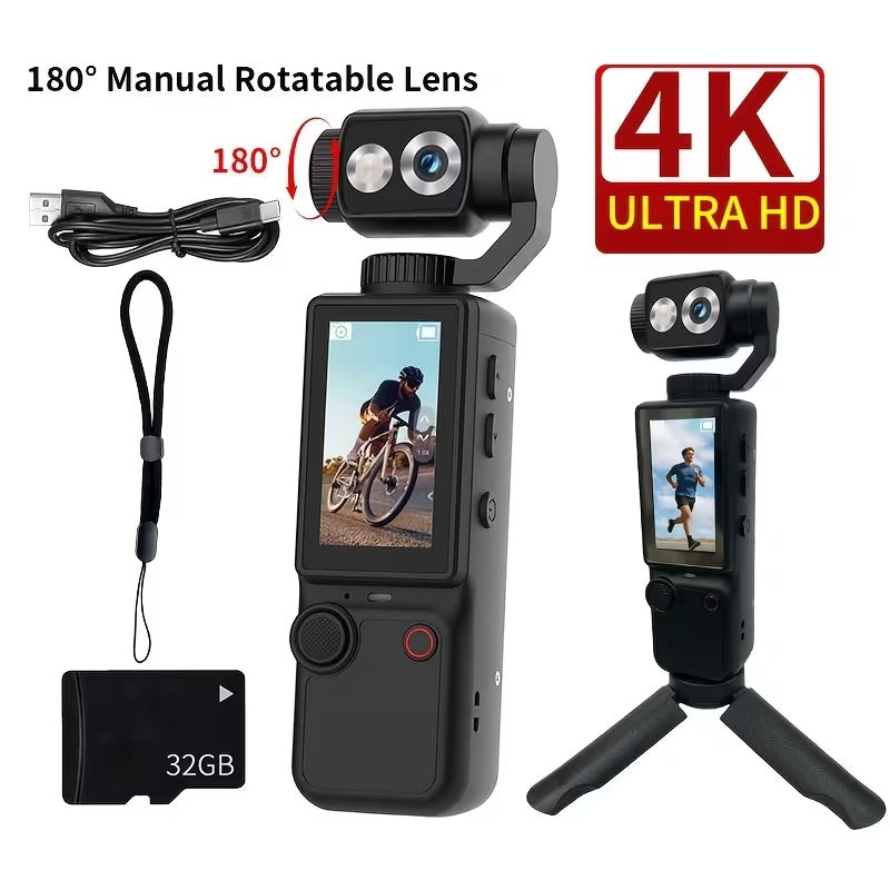 4K Ultra HD Action Camera, 180° Manual Flip Lens, Vlog Shooting Essential, Long Battery Life with Built-in Fill Light, Comes with 32G Card + Tripod, Compact & Durable, Audio Recording, Capture the Beautiful Life