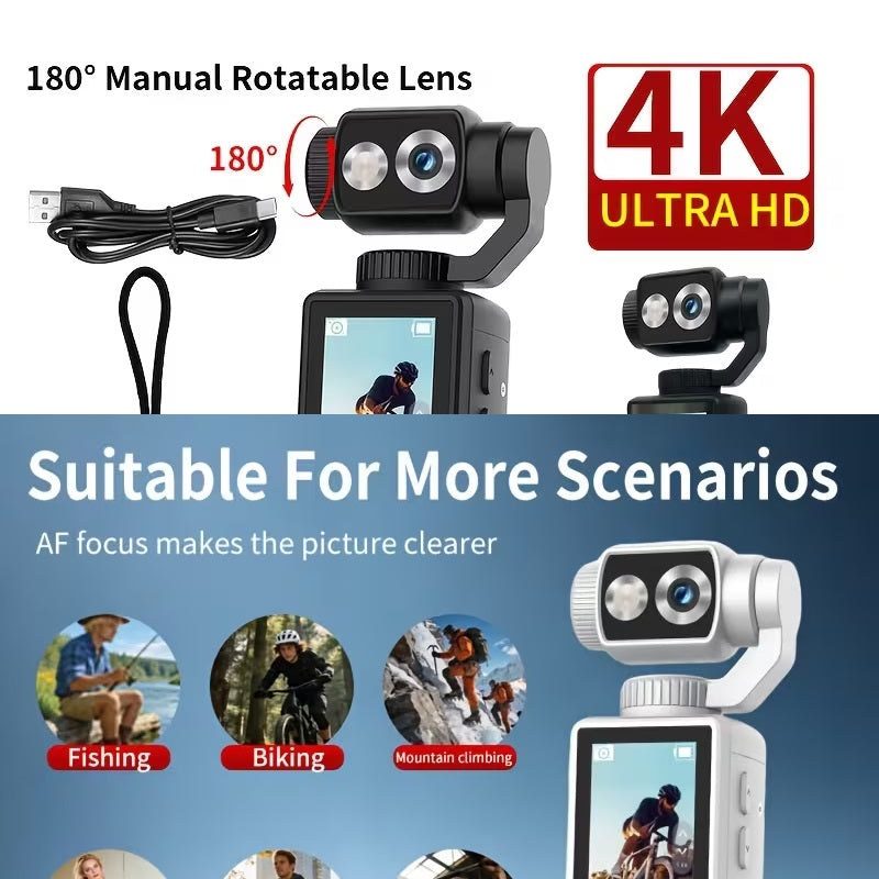 4K Ultra HD Action Camera, 180° Manual Flip Lens, Vlog Shooting Essential, Long Battery Life with Built-in Fill Light, Comes with 32G Card + Tripod, Compact & Durable, Audio Recording, Capture the Beautiful Life