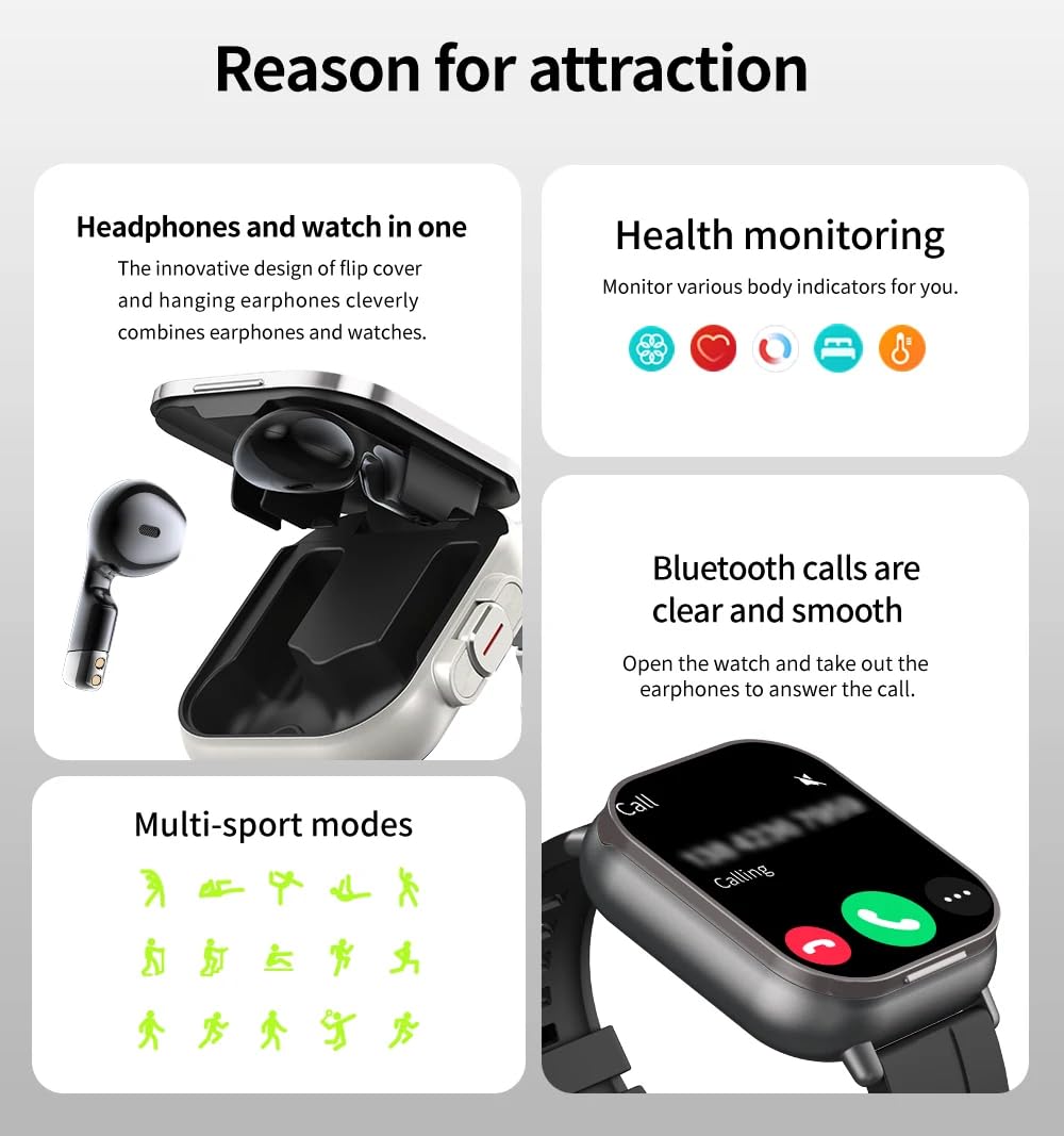 Smart Watch with Earbuds, 2 in 1 Bluetooth Earphones & Smart Watches with 2.01 Inch HD Touchscreen, Sports Smart Watches with Weather Forecast & Message Reminders, for Android
