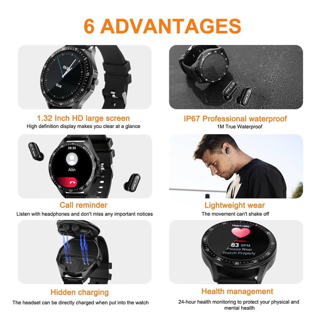 2 in 1 Smart Watch with Earbuds Smartwatch TWS Bluetooth Earphone Health Monitor Sport Watch Fitness Tracker